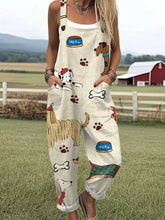 Women's Funny Dog Art Print Casual Cotton Linen Wide Leg Jumpsuit
